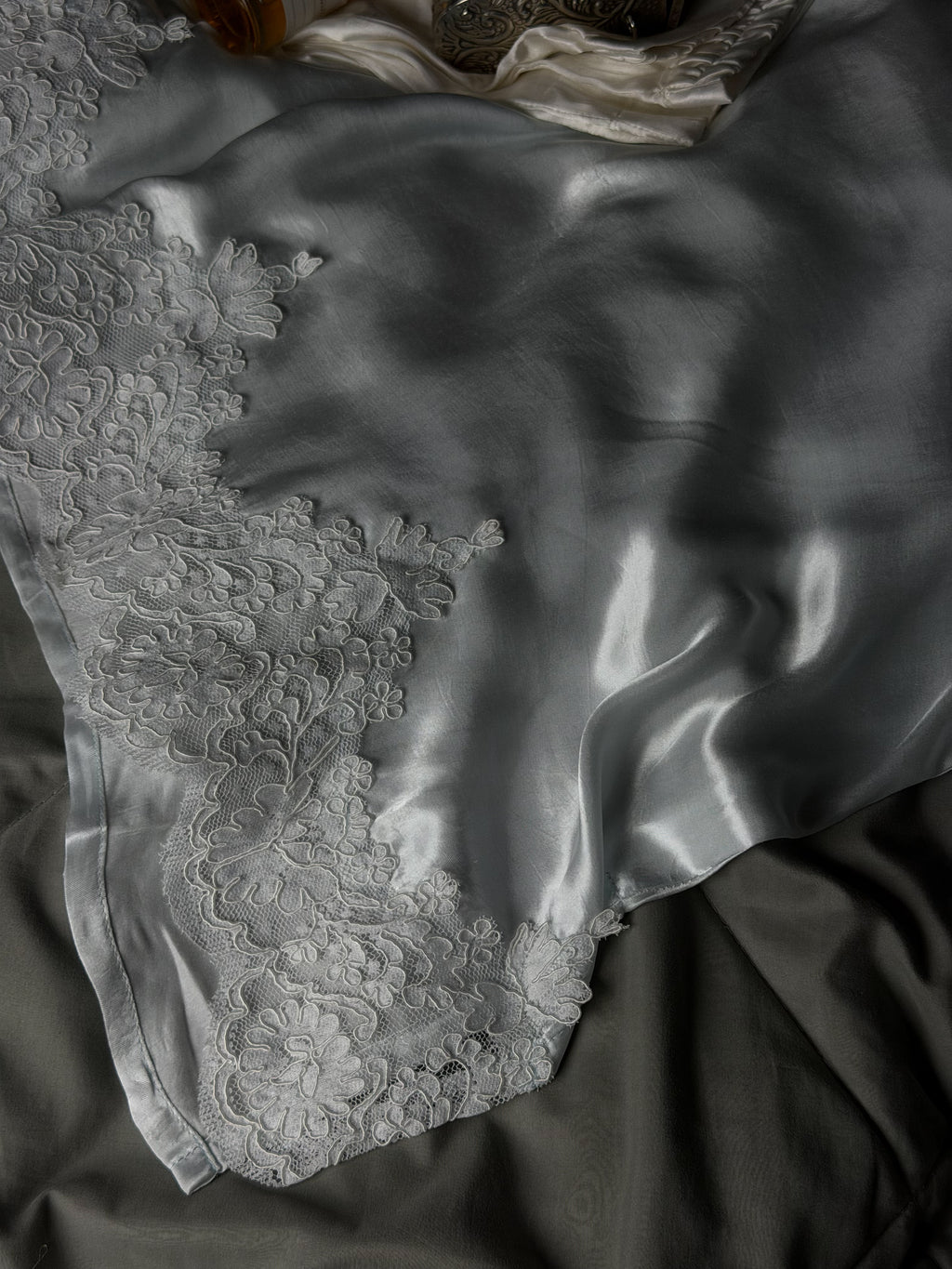 Ice Blue Fluid Satin Kurta Set With Lace Detailing