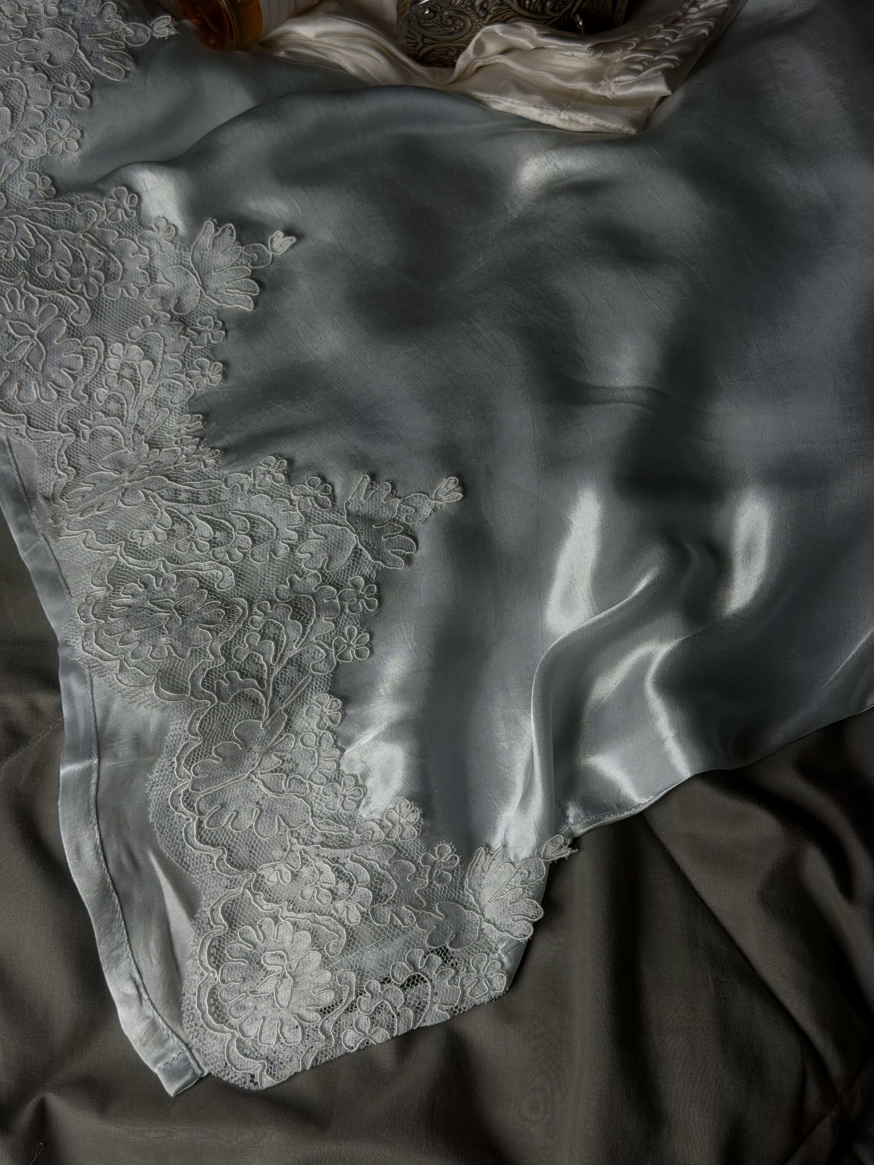 Ice Blue Fluid Satin Kurta Set With Lace Detailing