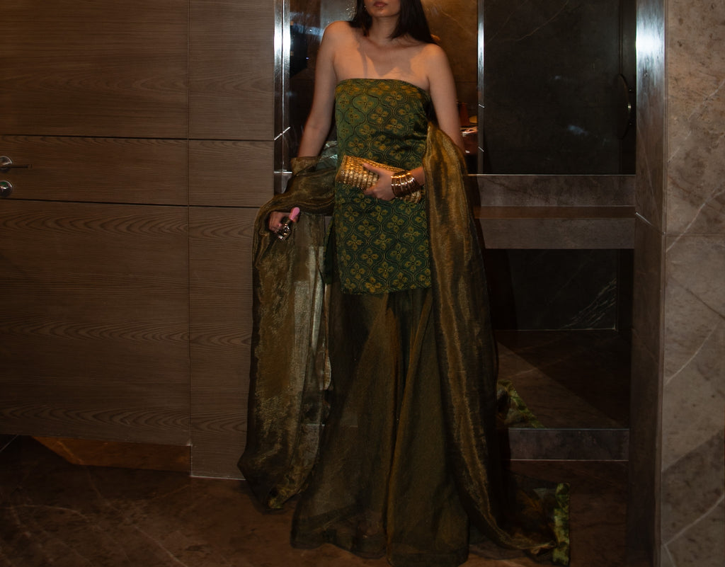 Olive Handblock Strapless  Kurta with Sharara & Dupatta
