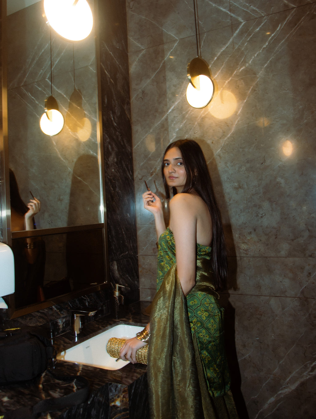 Olive Handblock Strapless  Kurta with Sharara & Dupatta