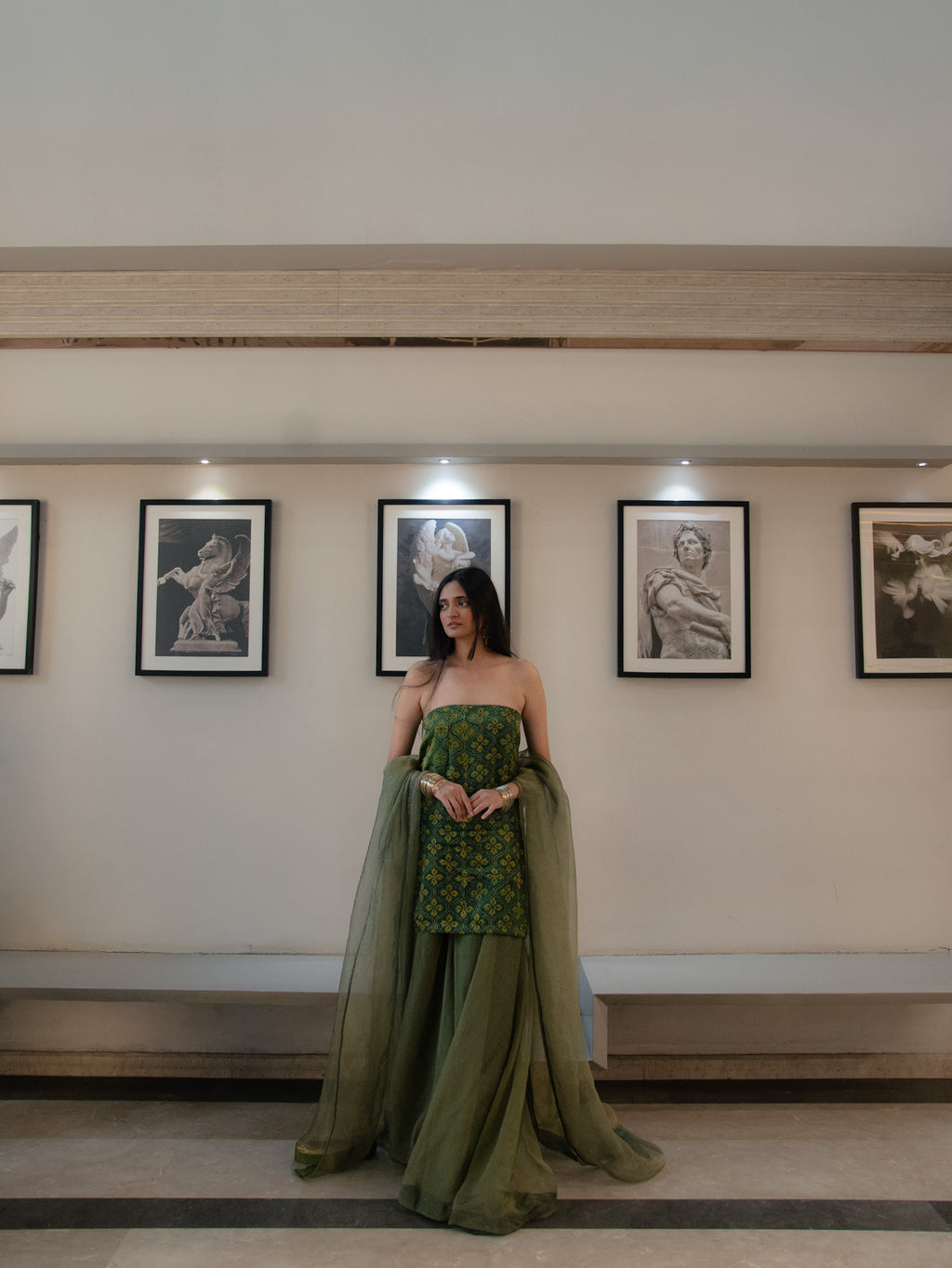 Olive Handblock Strapless  Kurta with Sharara & Dupatta