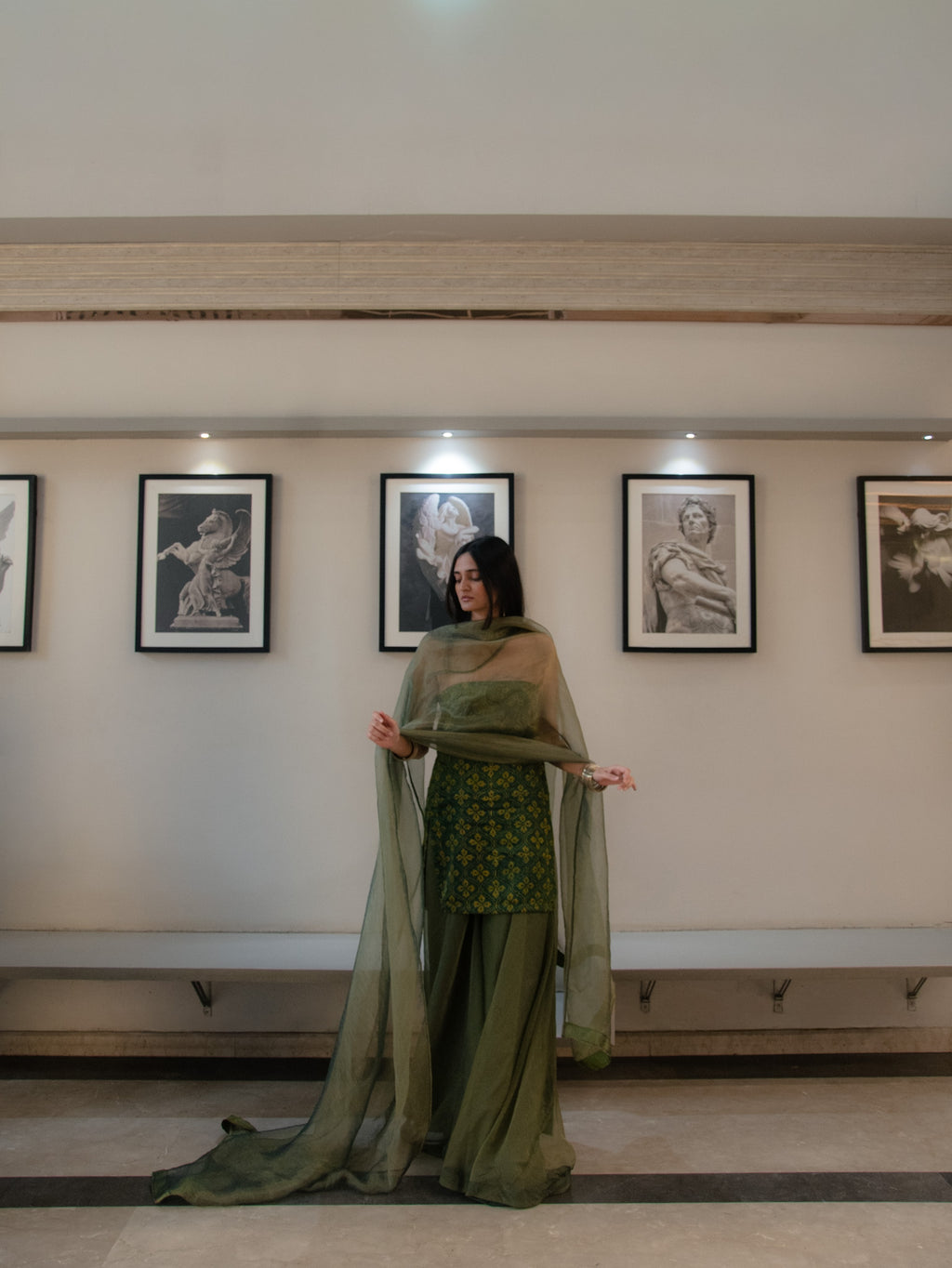 Olive Handblock Strapless  Kurta with Sharara & Dupatta