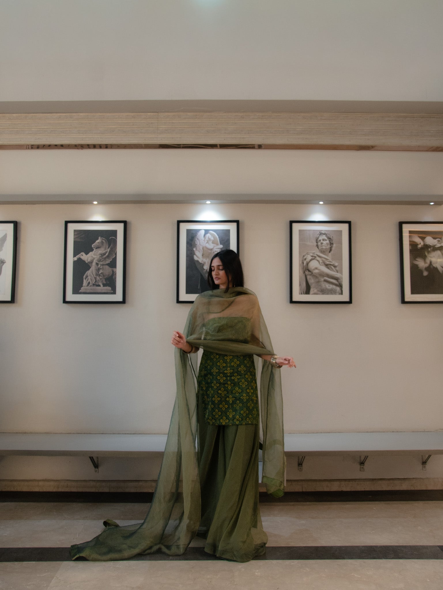 Olive Handblock Strapless  Kurta with Sharara & Dupatta