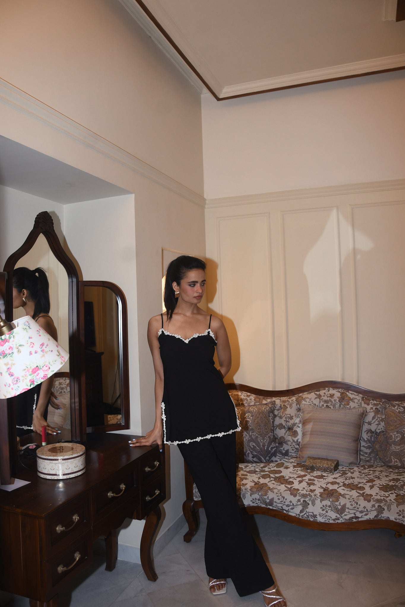Roma | Black Lace Detail Kurta with Flared Pants