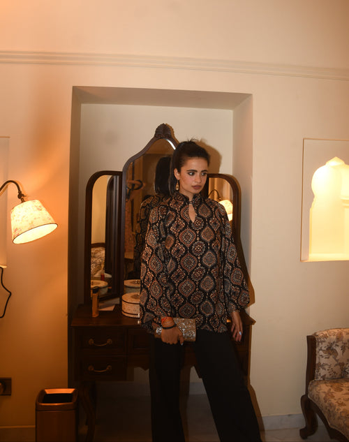 Black Ajrakh Hand Block Print KurtI With Bell Sleeves