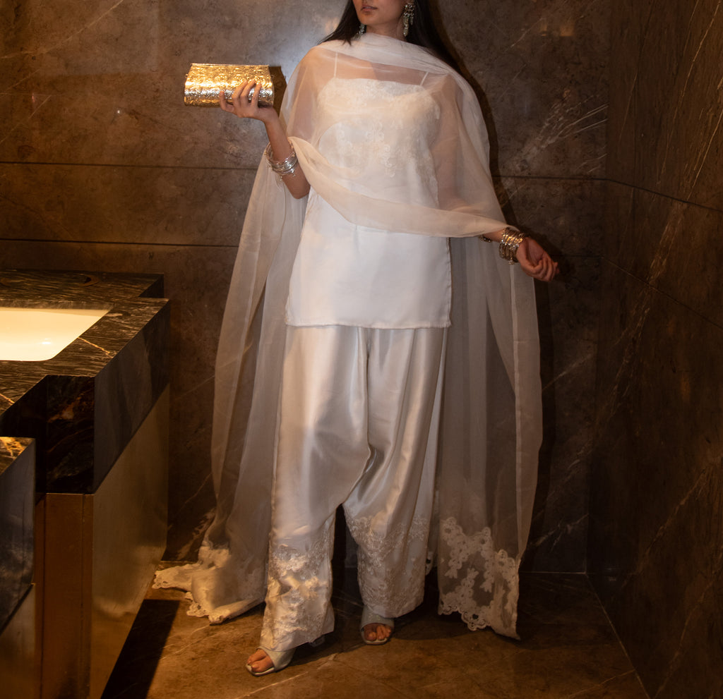 Noor | White Farshi Salwar Set with Lace Detailing