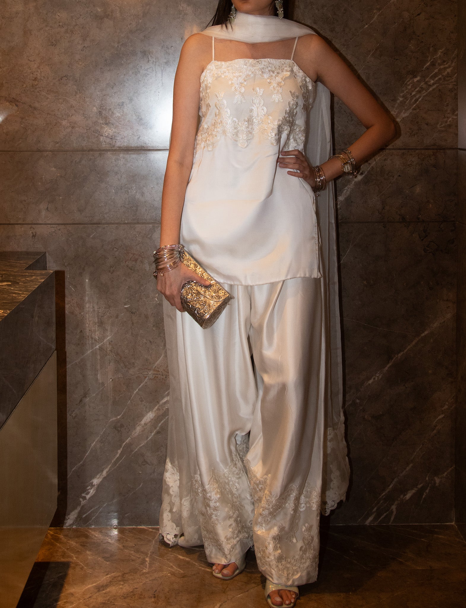 Noor | White Farshi Salwar Set with Lace Detailing
