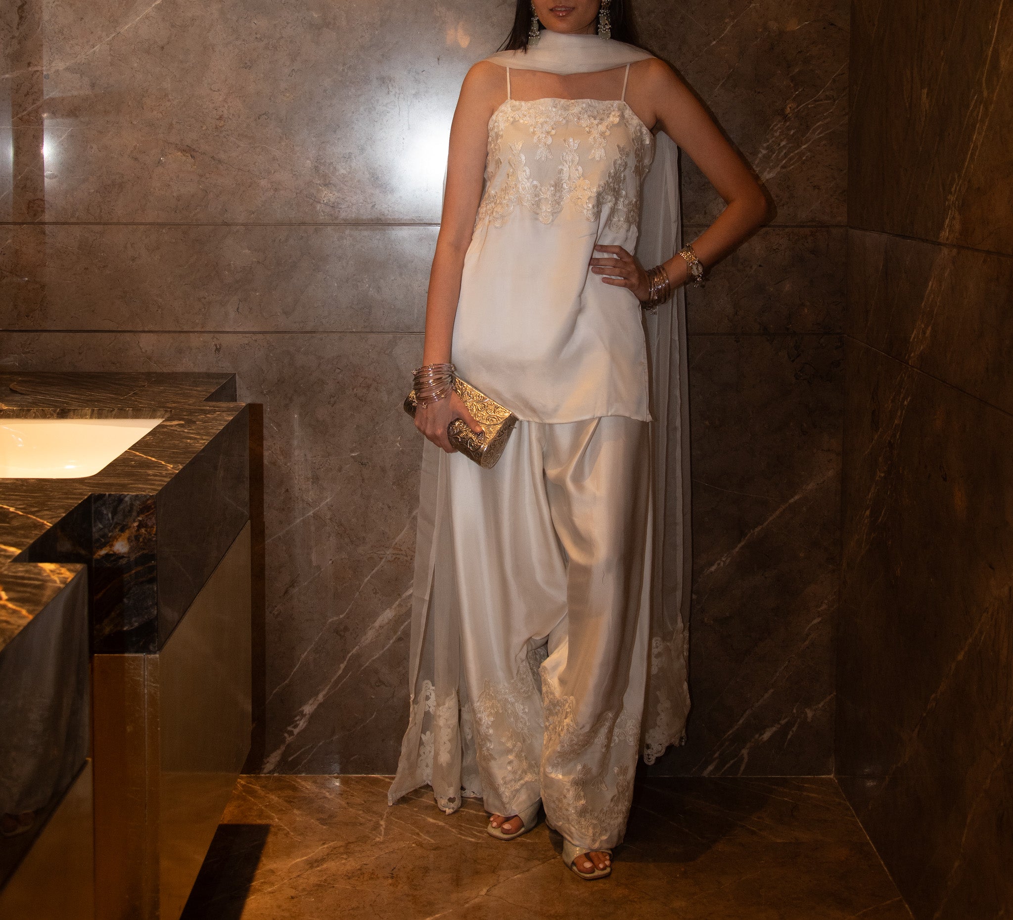 Noor | White Farshi Salwar Set with Lace Detailing