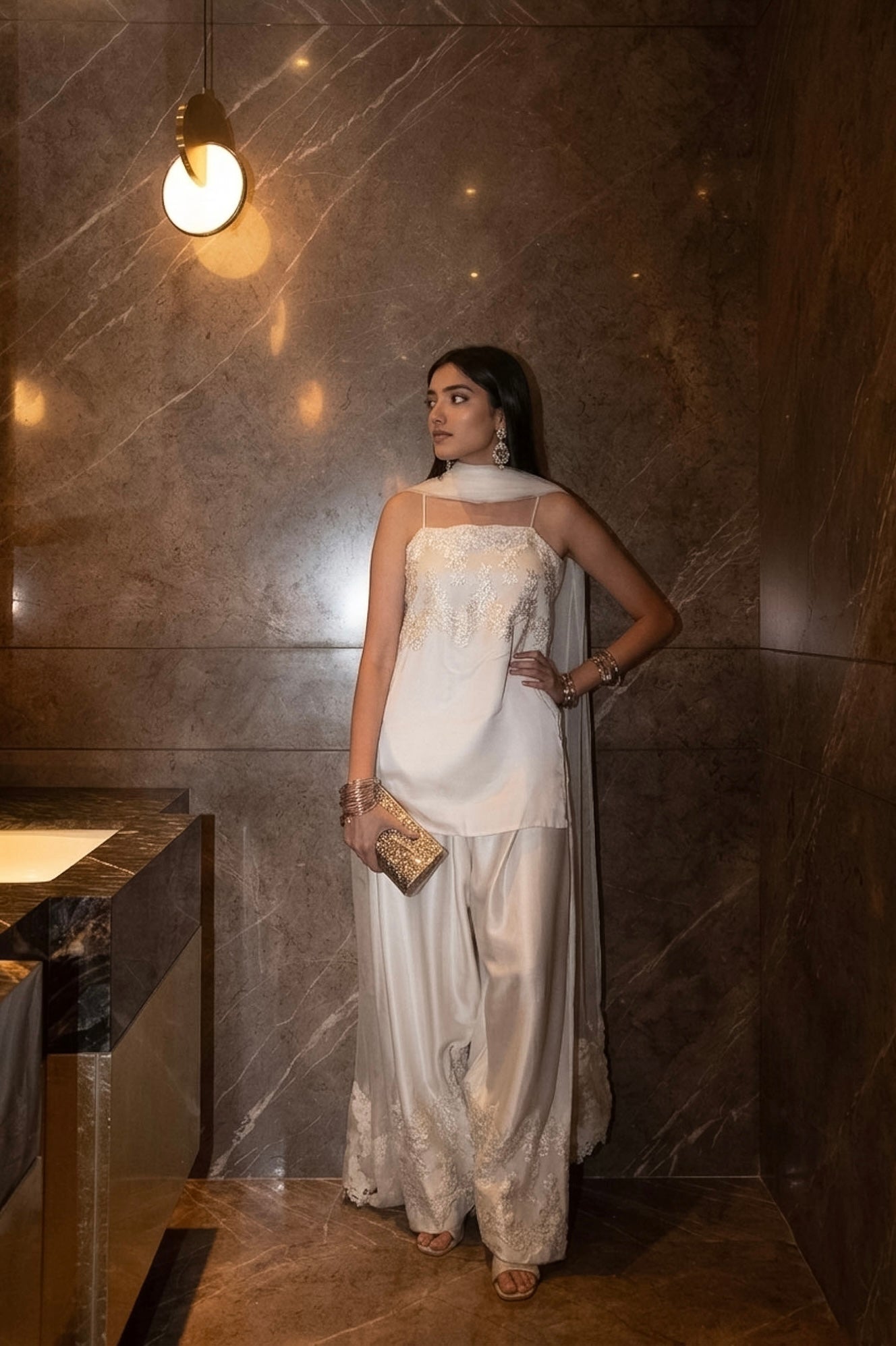Noor | White Farshi Salwar Set with Lace Detailing