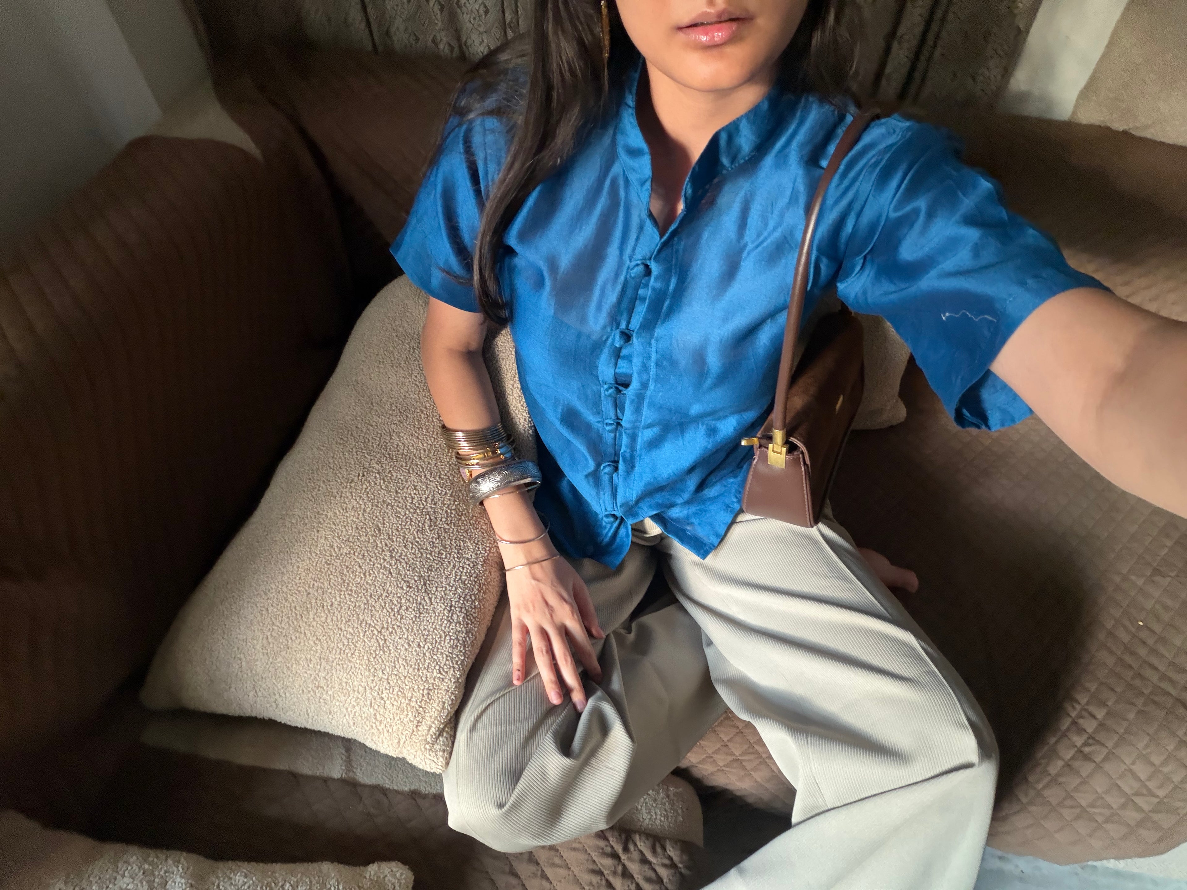 Cobalt Blue Chanderi Silk Mandarin Collar Shirt