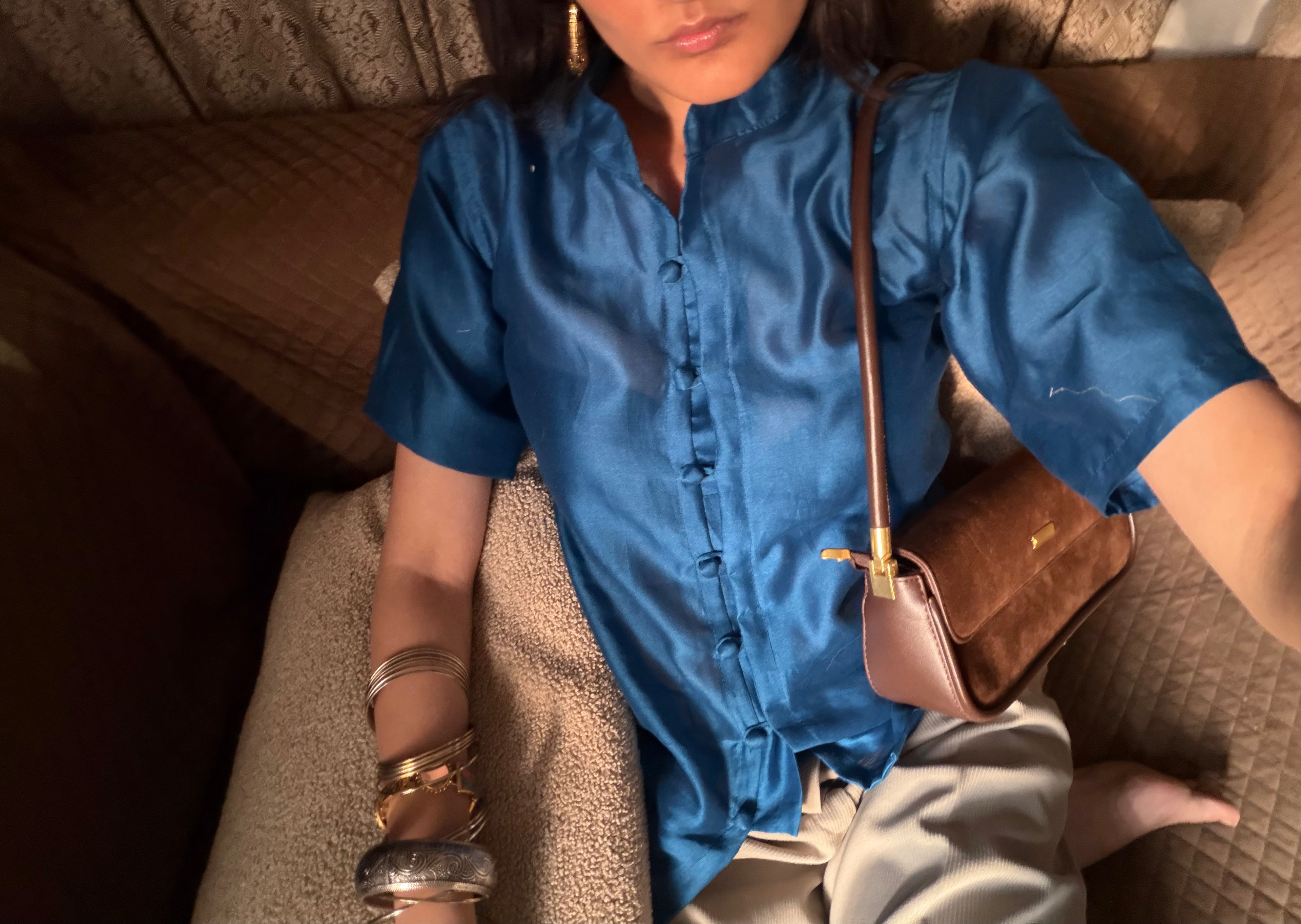 Cobalt Blue Chanderi Silk Mandarin Collar Shirt