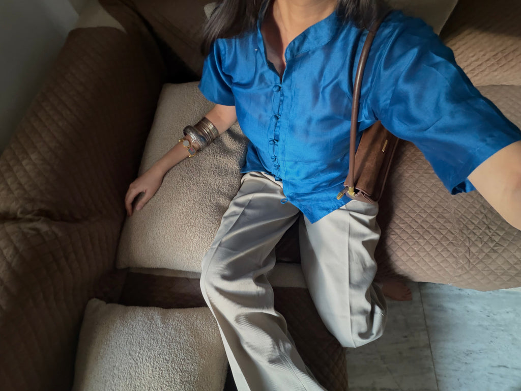 Cobalt Blue Chanderi Silk Mandarin Collar Shirt