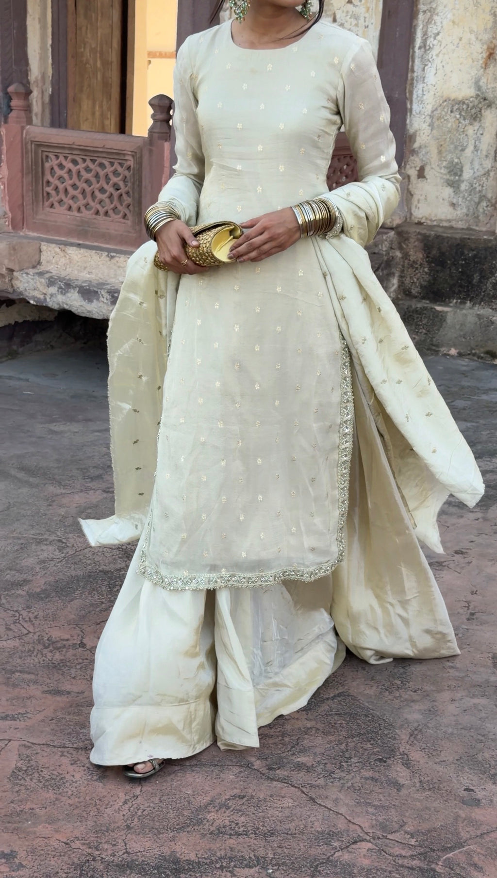 Golden Long Kurta with Sharara & Dupatta