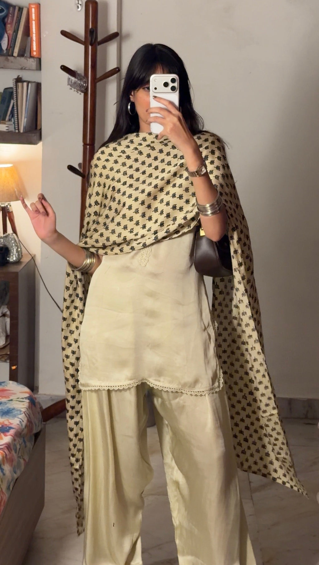 Beige Farshi Salwar Set With Handblock Printed Dupatta