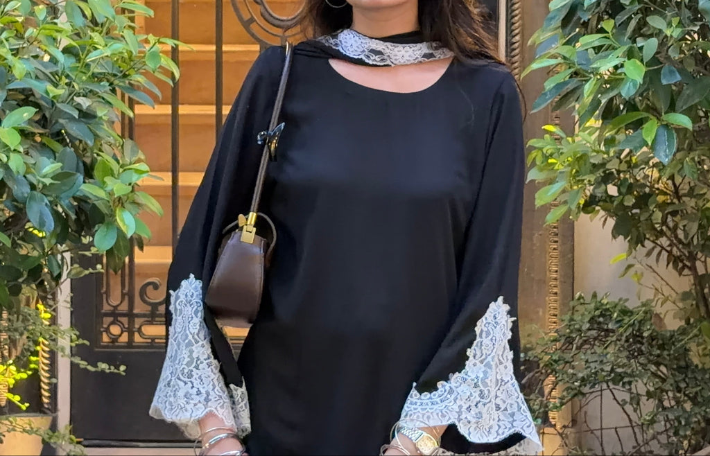 Modern Black Georgette Kurta Set with Lace Detailing
