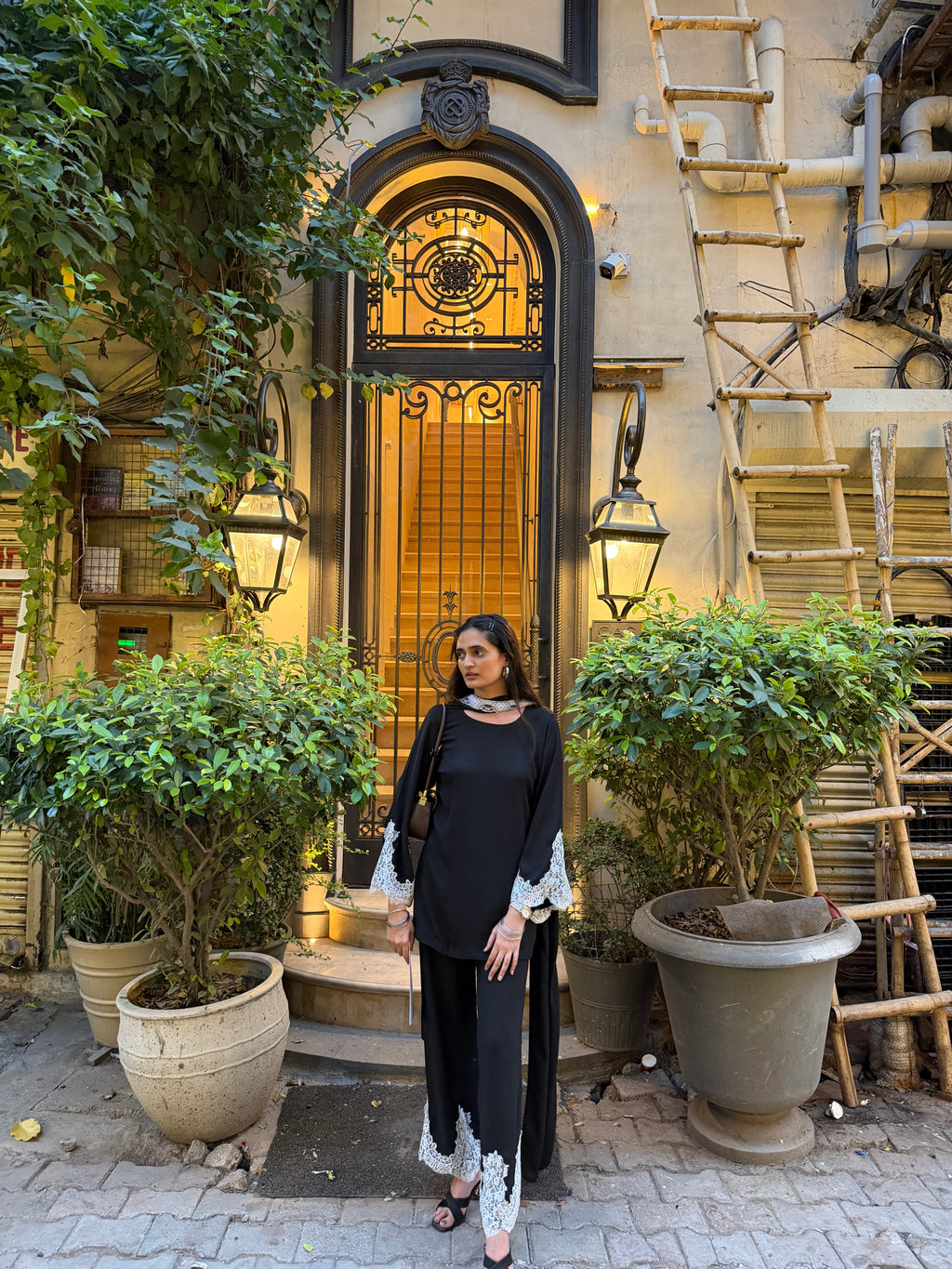 Modern Black Georgette Kurta Set with Lace Detailing