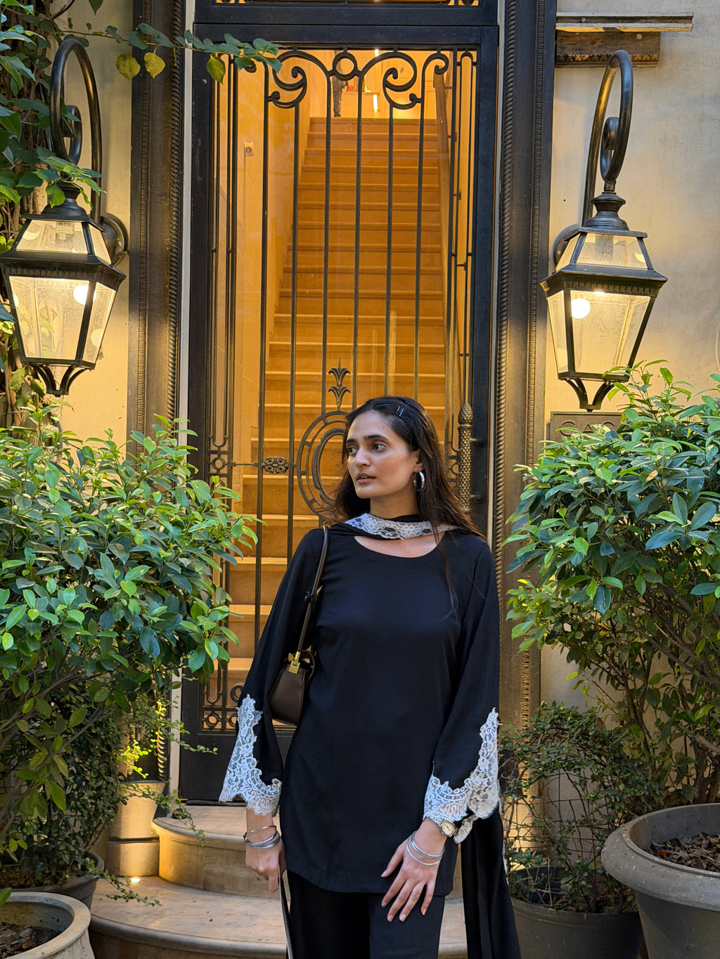 Modern Black Georgette Kurta Set with Lace Detailing