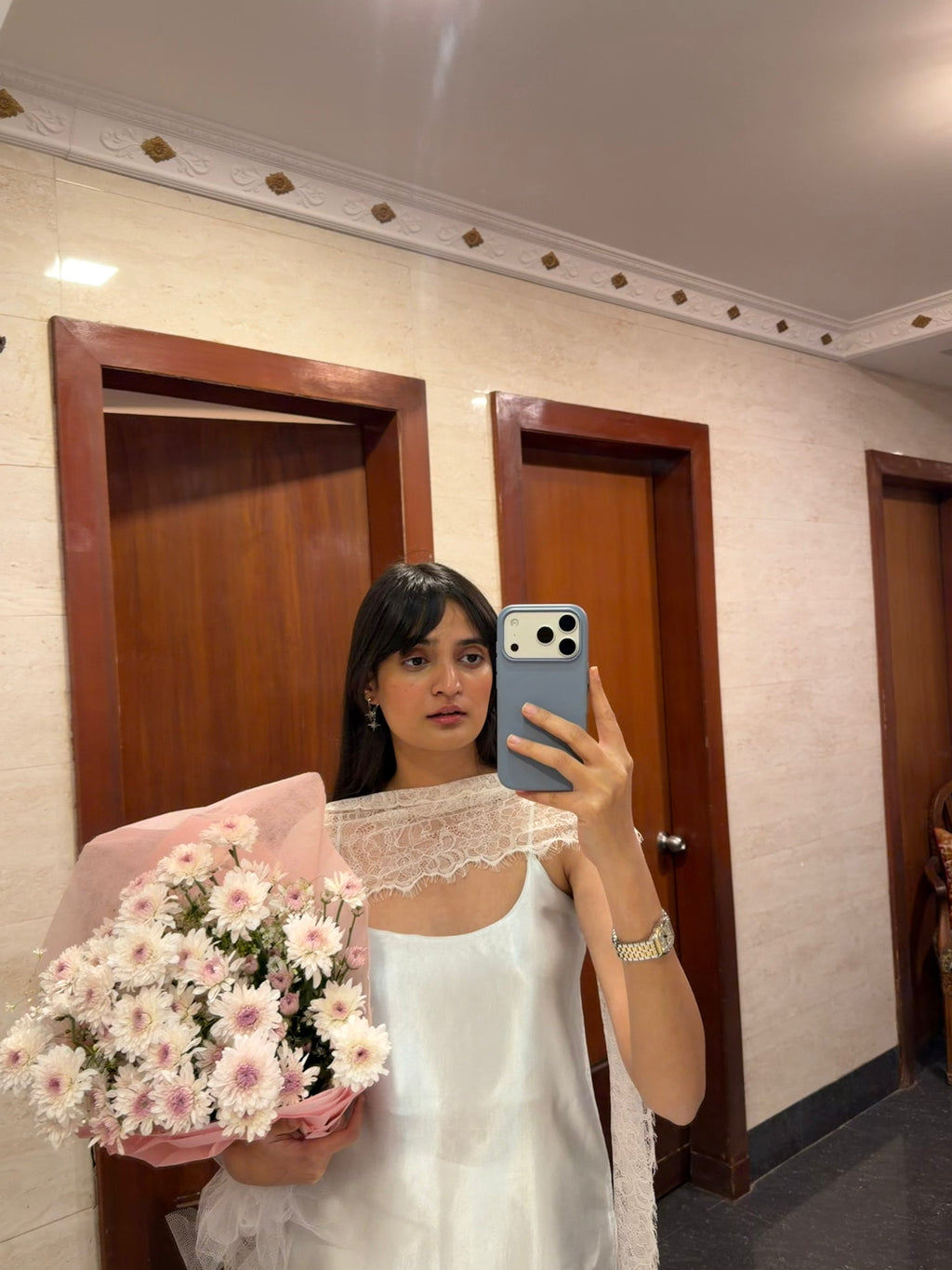 Ice Blue Fluid Satin Kurta Set With Lace Detailing