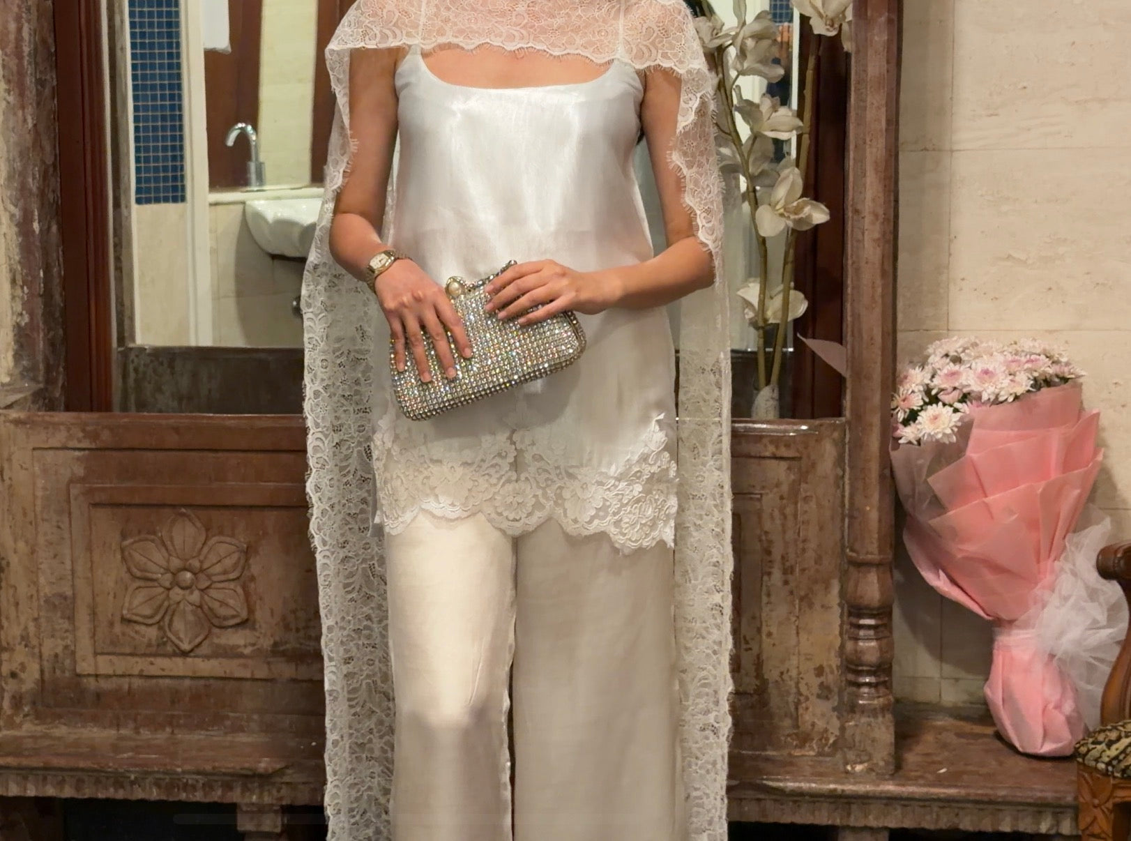 Ice Blue Fluid Satin Kurta Set With Lace Detailing