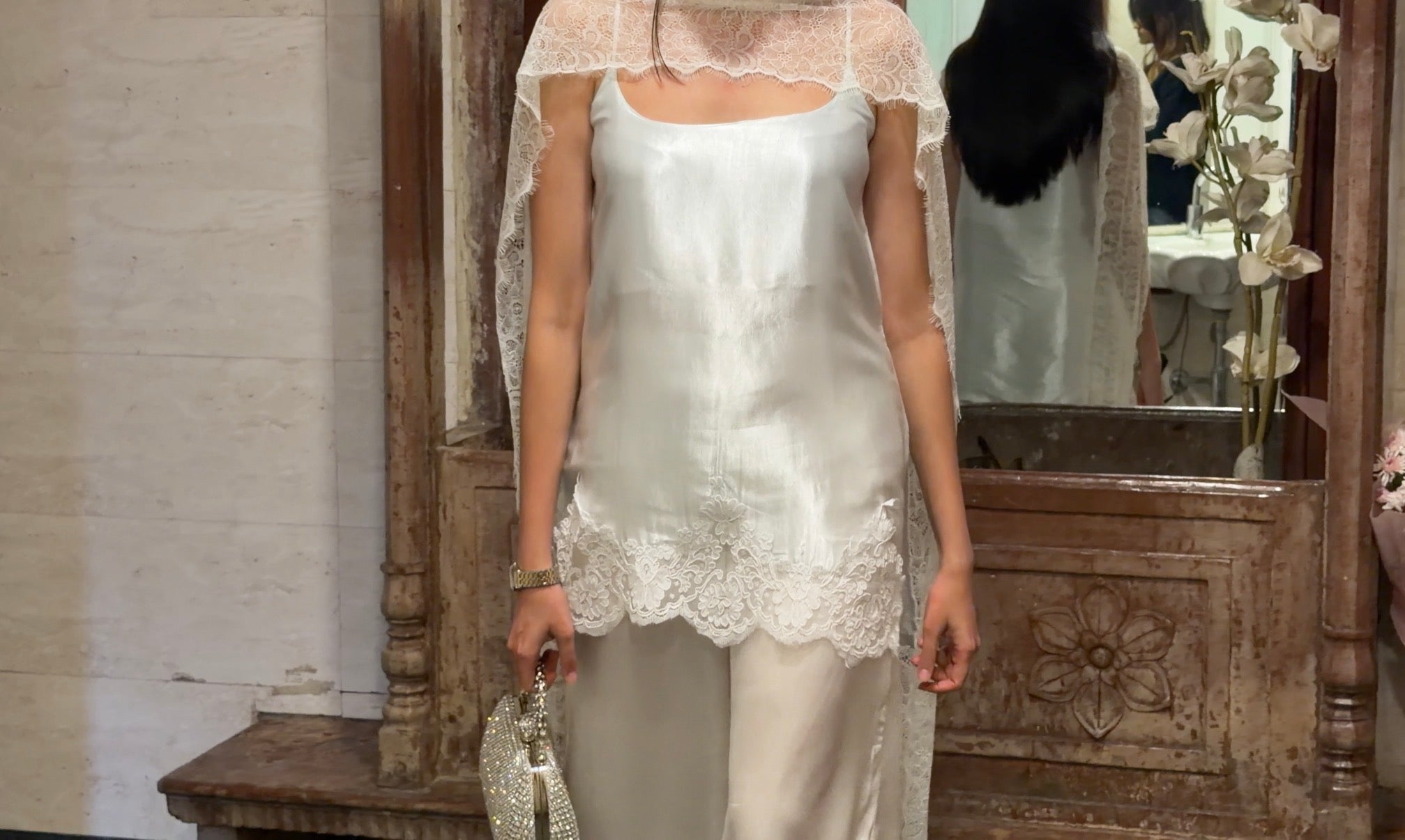 Ice Blue Fluid Satin Kurta Set With Lace Detailing