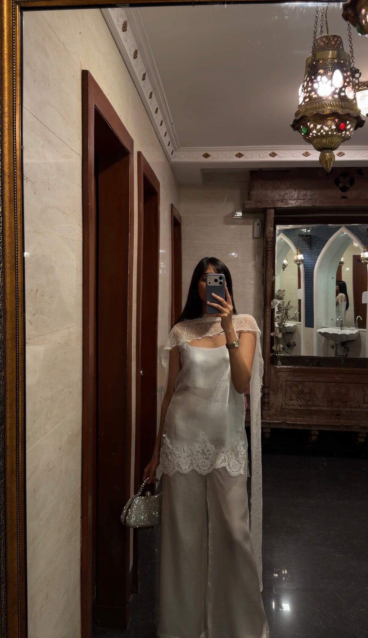 Ice Blue Fluid Satin Kurta Set With Lace Detailing