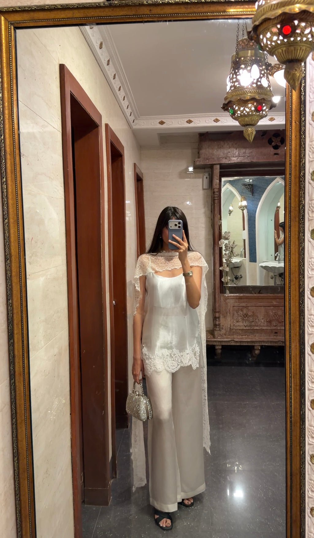 Ice Blue Fluid Satin Kurta Set With Lace Detailing