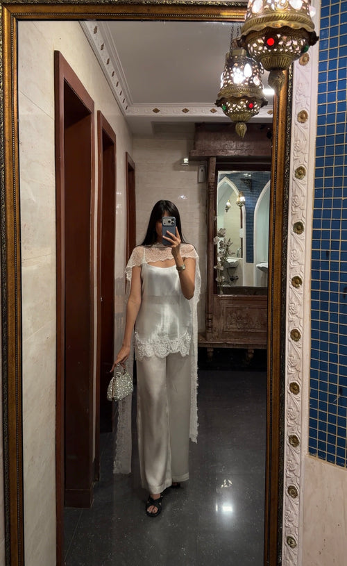 Ice Blue Fluid Satin Kurta Set With Lace Detailing