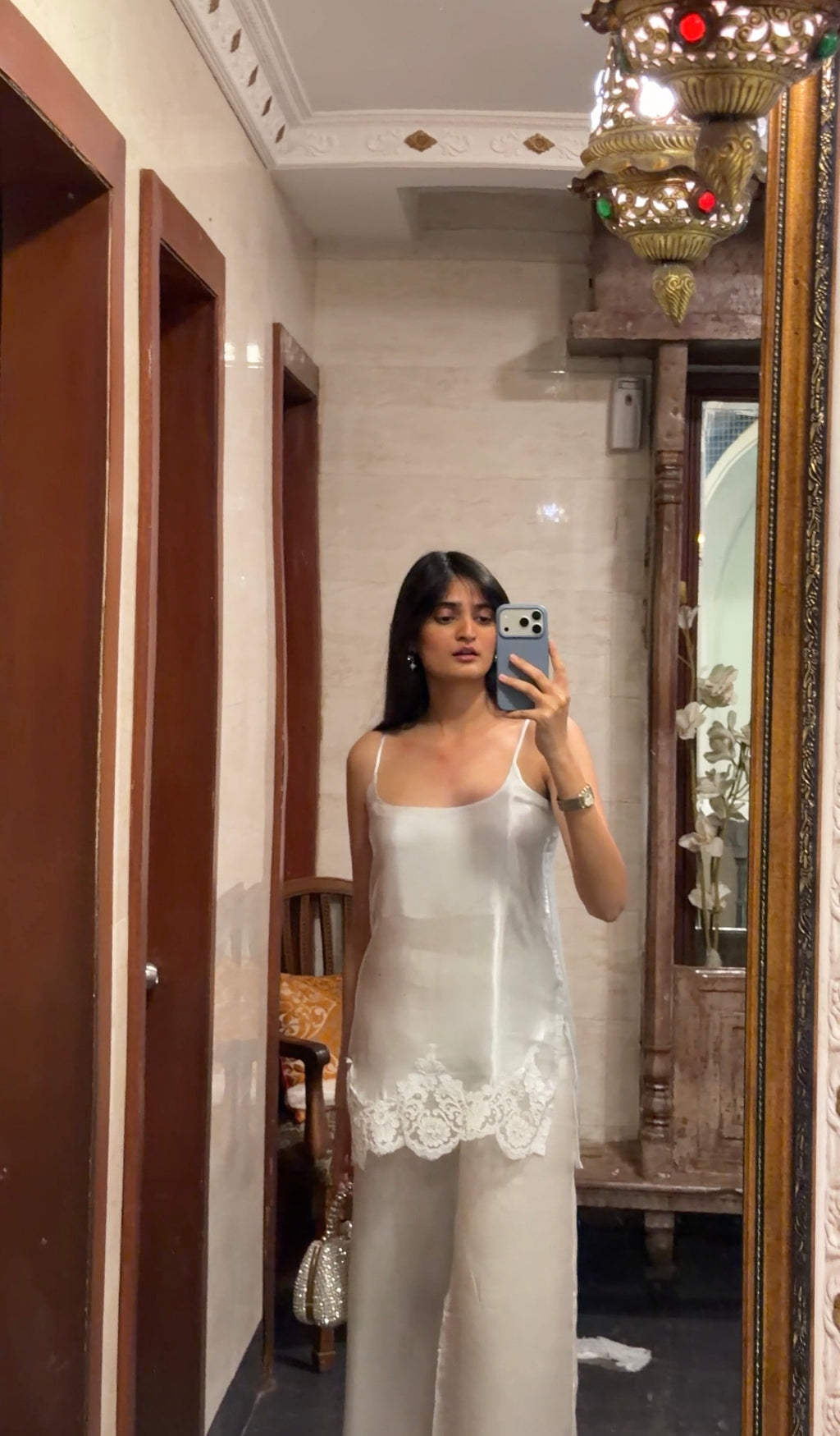 Ice Blue Fluid Satin Kurta Set With Lace Detailing