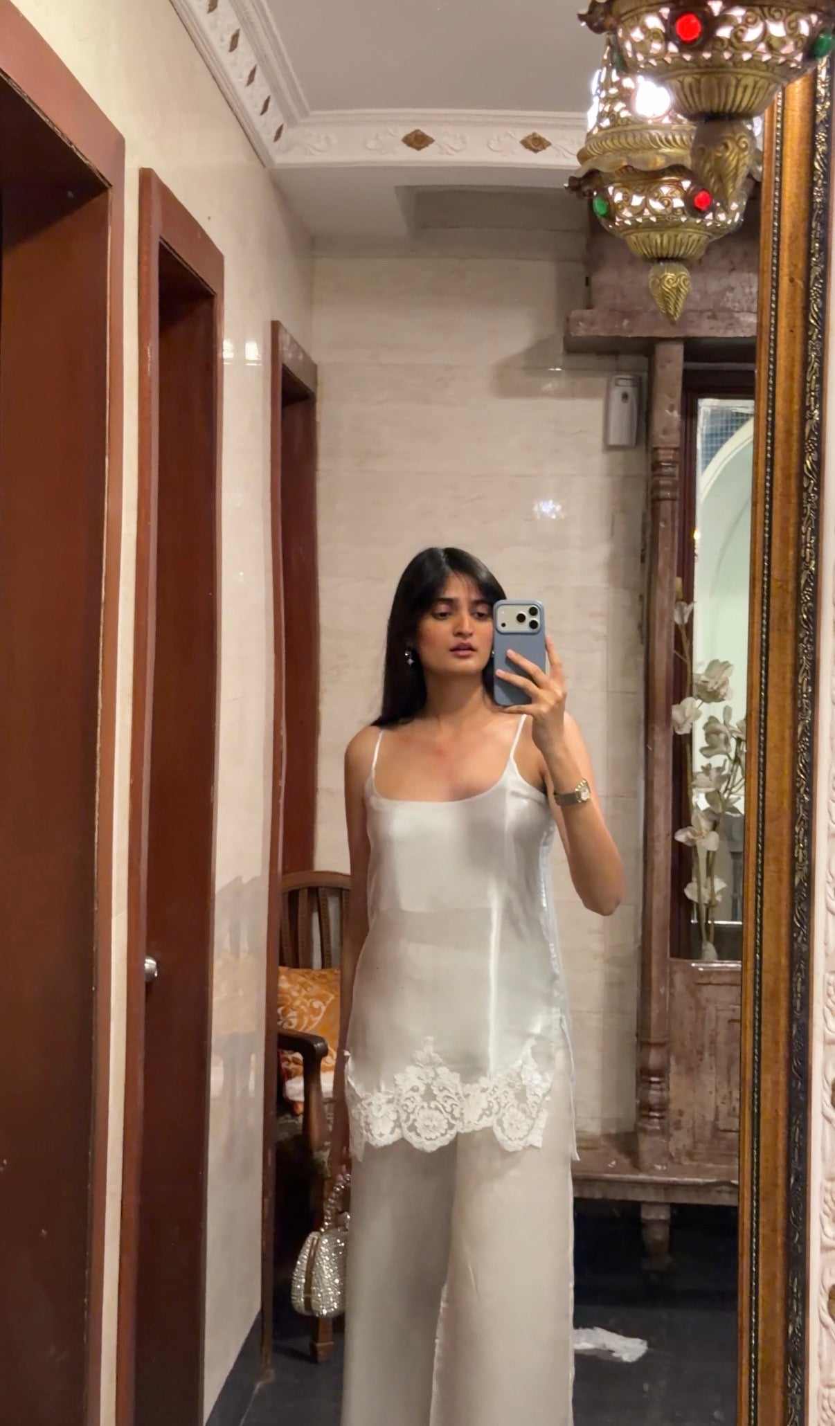 Ice Blue Fluid Satin Kurta Set With Lace Detailing