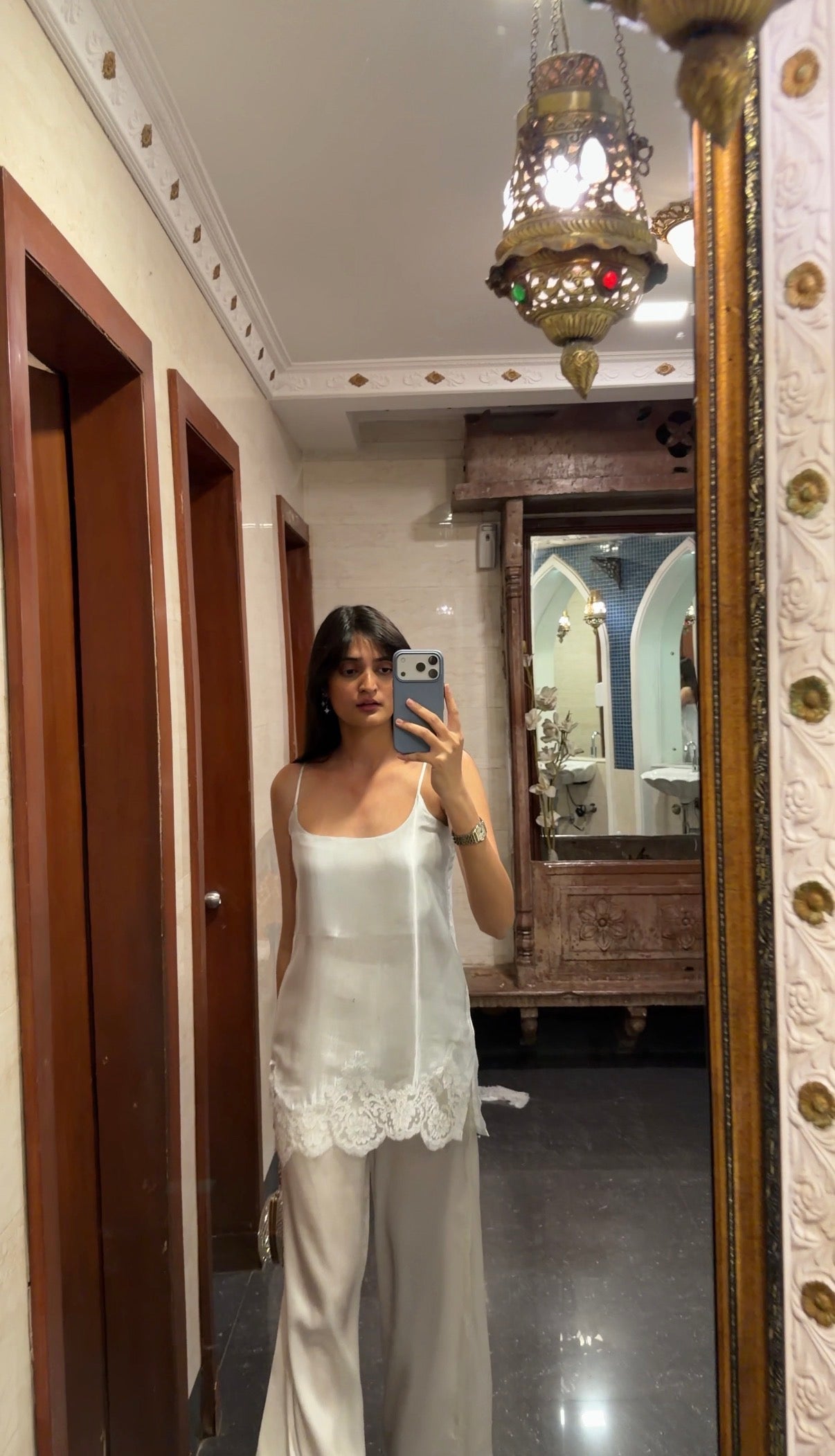 Ice Blue Fluid Satin Kurta Set With Lace Detailing