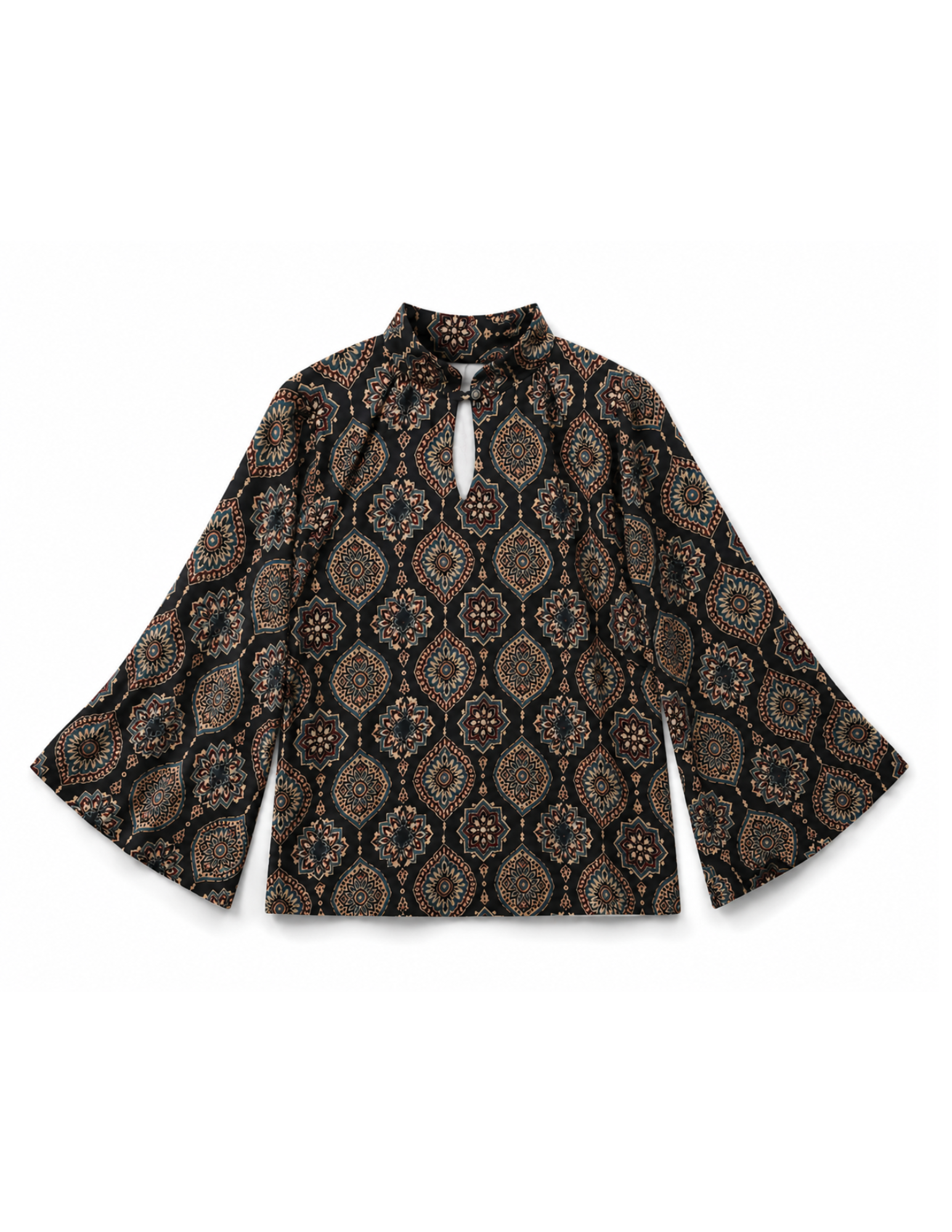 Black Ajrakh Hand Block Print KurtI With Bell Sleeves